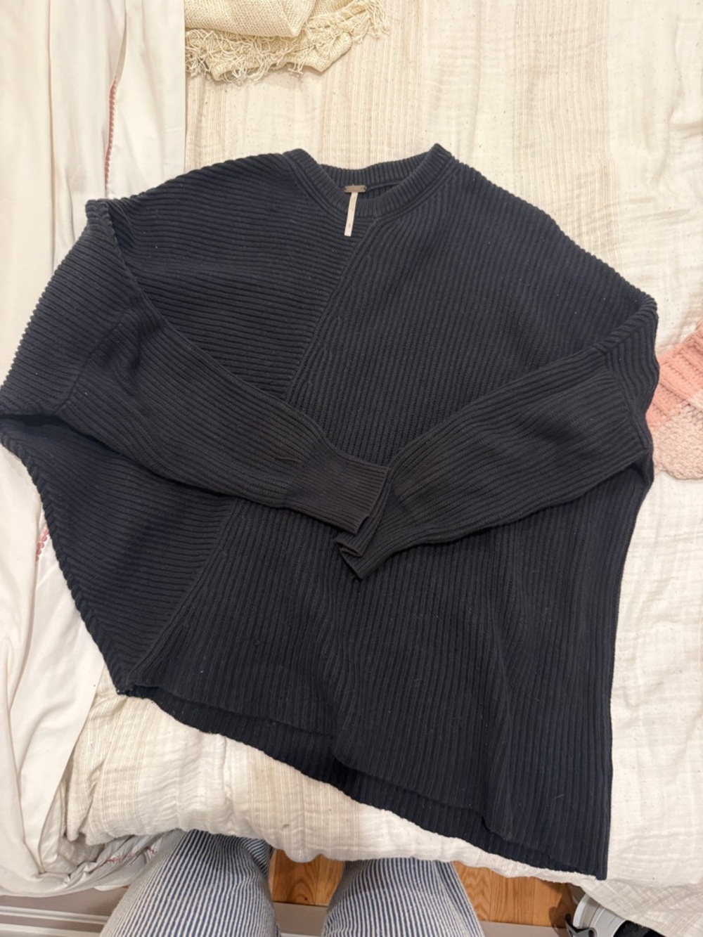 Free People asymmetrical Black Ribbed Crew sweater